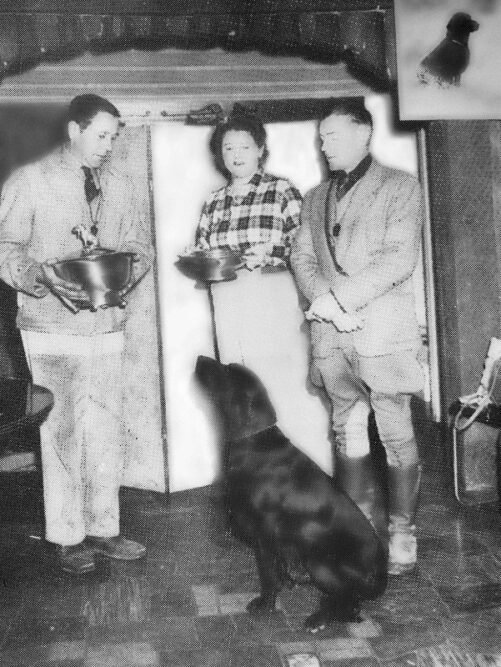 Trophy presentation at the 1943 National Retriever Championship with Mrs Bakewell and Clifford H. Wallace who handled Shd