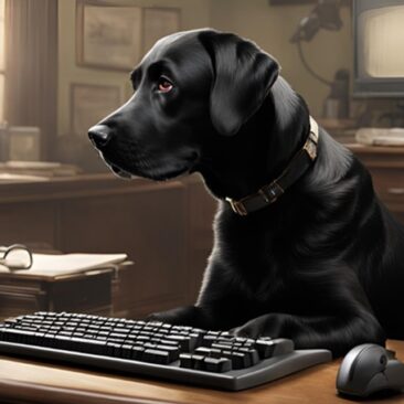 Black Labrador sitting at a desk, gazing at a computer screen