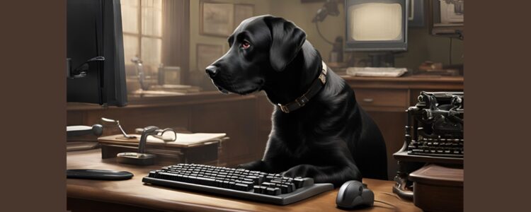 Black Labrador sitting at a desk, gazing at a computer screen