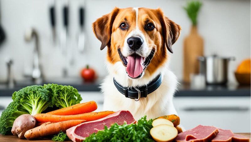 A happy dog with a variety of meat and vegetables